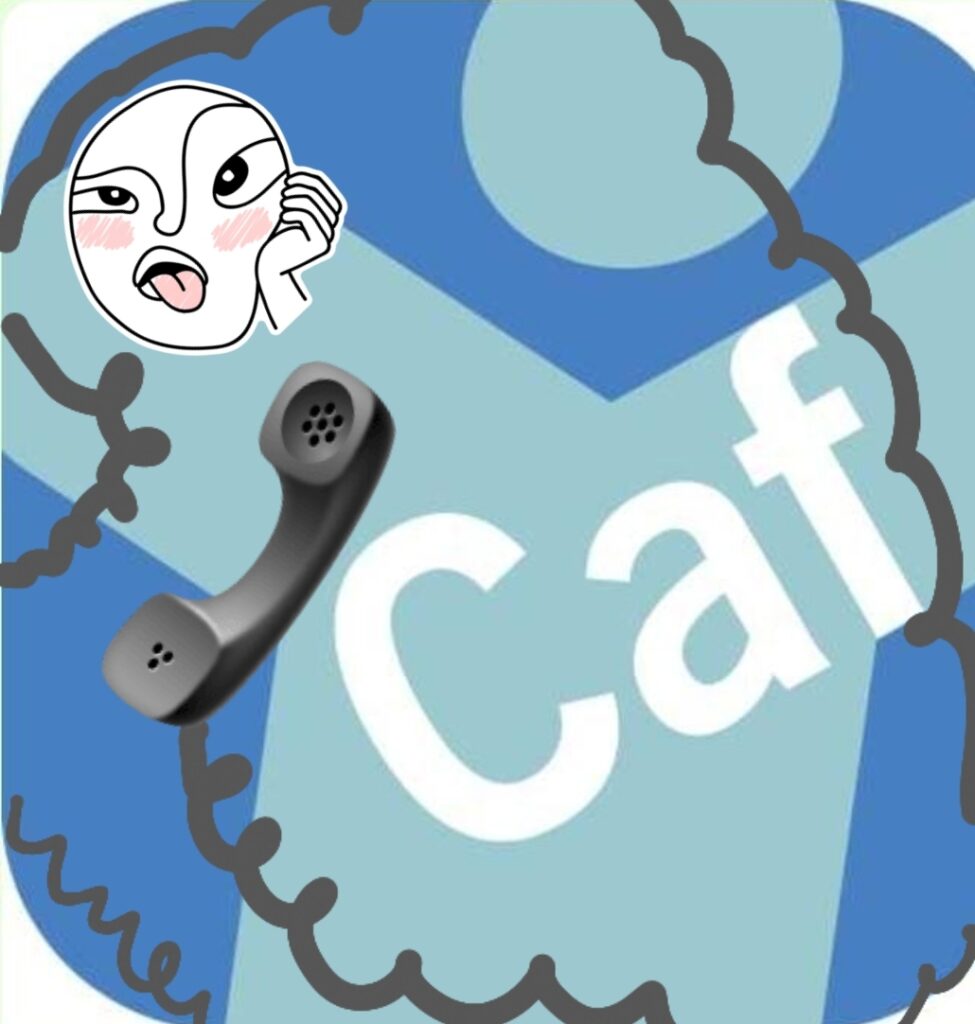 Sur le logo de la CAF, un combiné de téléphone et son fil qui court autour, le visage dessiné d'une personne qui tire la langue en se tenant la tête d'une main.